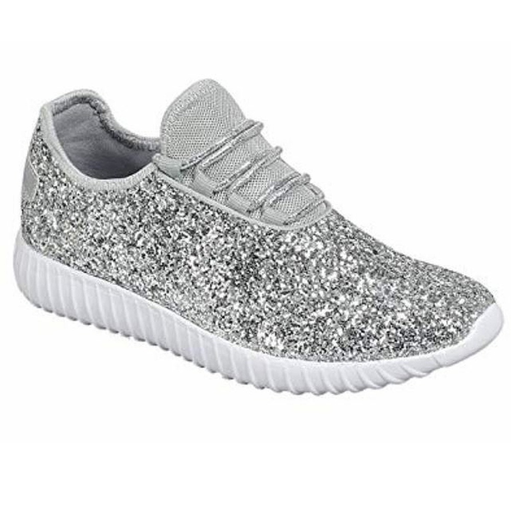 New Silver Glitter Lace Up Sneakers